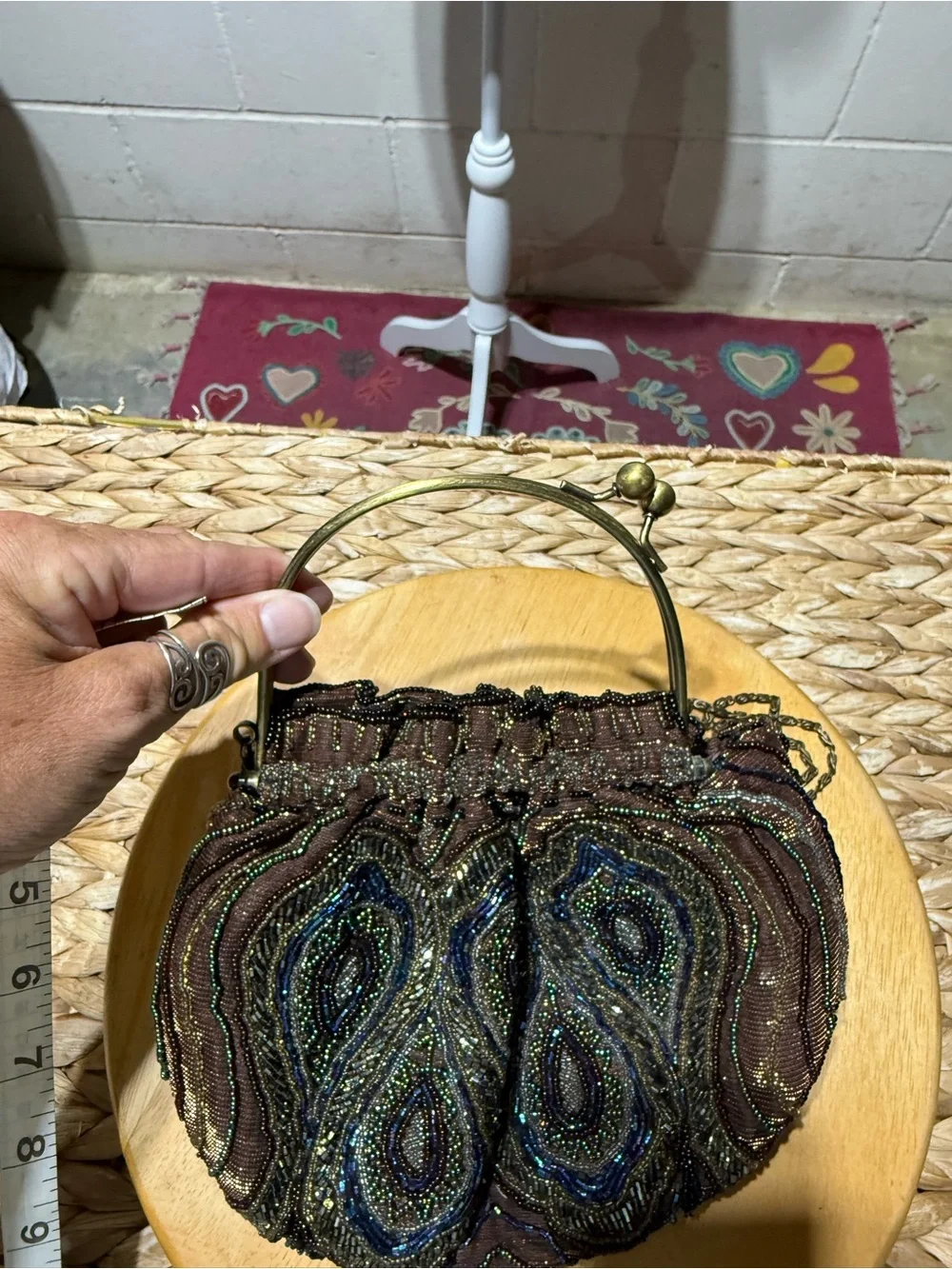 Beaded Evening Handbag in Brown with Blue-Green Accents
